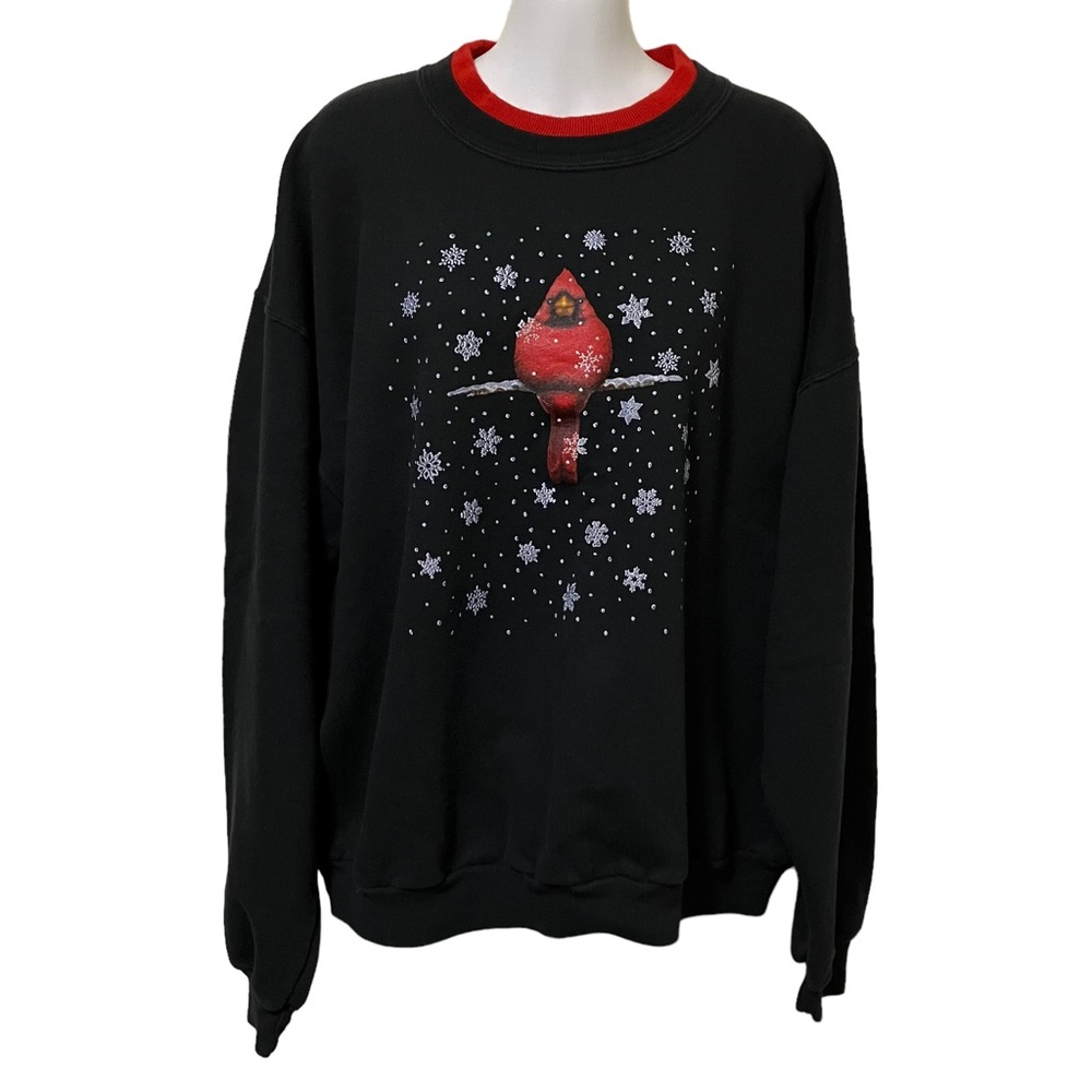 Vintage Morning Sun Red Cardinal Bird Snowflake Double Collar Holiday Sweatshirt